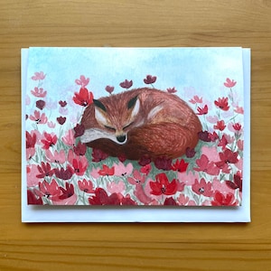 Renard endormi dans un champ de coquelicots carte de voeux / carte de voeux vierge / carte aquarelle