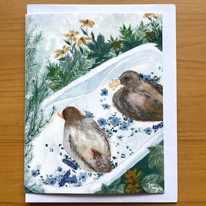 Carte de voeux canards et fleurs / Carte de voeux vierge / Carte aquarelle