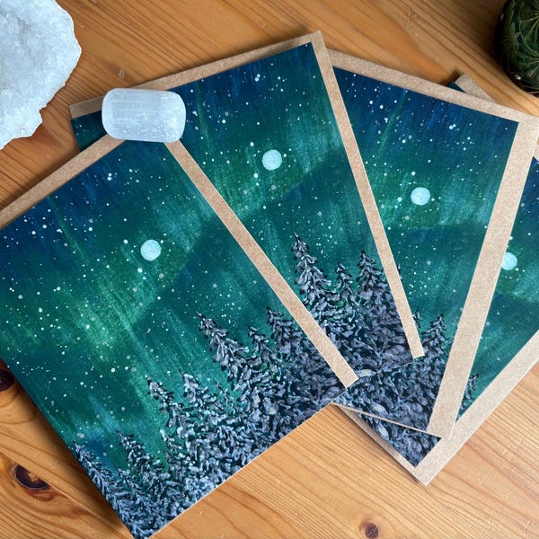 Carta acquerello Aurora boreale invernale / Carta Aurora boreale