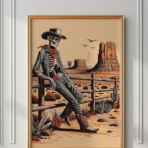 Arte de vaquero con esqueleto retro, arte de pared occidental, sombrero de vaquero con calavera occidental, arte de pared del lejano oeste, póster de impresión digital de vaquero, decoración de pared occidental