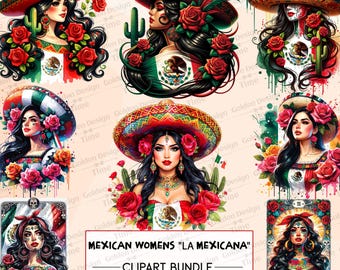 Puede incluir: Un conjunto de arte digital con ocho ilustraciones de mujeres mexicanas adornadas con sombreros, rosas y la bandera mexicana. El texto "Mexican Women's La Mexicana" y "Clipart Bundle" también se incluye.