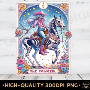La cow-girl carte de tarot PNG, country girl western squelette, botte chapeau tendance Sublimation design, chemise country western, mug carte de tarot clipart