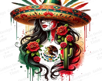 May include: A digital illustration of a woman with a sugar skull face wearing a sombrero. She is surrounded by red roses and a cactus. The background is a watercolor-style depiction of the Mexican flag.