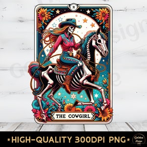 La cow-girl carte de tarot PNG, country girl western squelette botte chapeau tendance Sublimation design country western chemise tasse tarot carte clipart