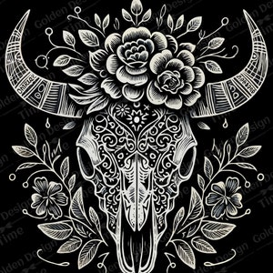 Boho Floral Bull skull PNG clipart, White Boho Cow Skull, cow Drawn western PNG, Western Sublimation, Wild west PNG, Skull Cowgirl clipart,