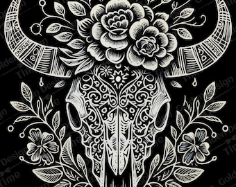 Boho Floral Bull skull PNG clipart, White Boho Cow Skull, cow Drawn western PNG, Western Sublimation, Wild west PNG Skull Cowgirl clipart