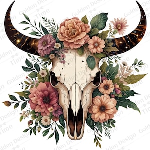 Boho Floral Bull skull PNG, Boho Cow Skull, Floral cow skull western PNG, Bohemian Floral cow skull, Wild west PNG, Boho Cowgirl clipart png