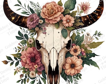 Boho Floral Bull skull PNG, Boho Cow Skull, Floral cow skull western PNG, Bohemian Floral cow skull, Wild west PNG, Boho Cowgirl clipart png