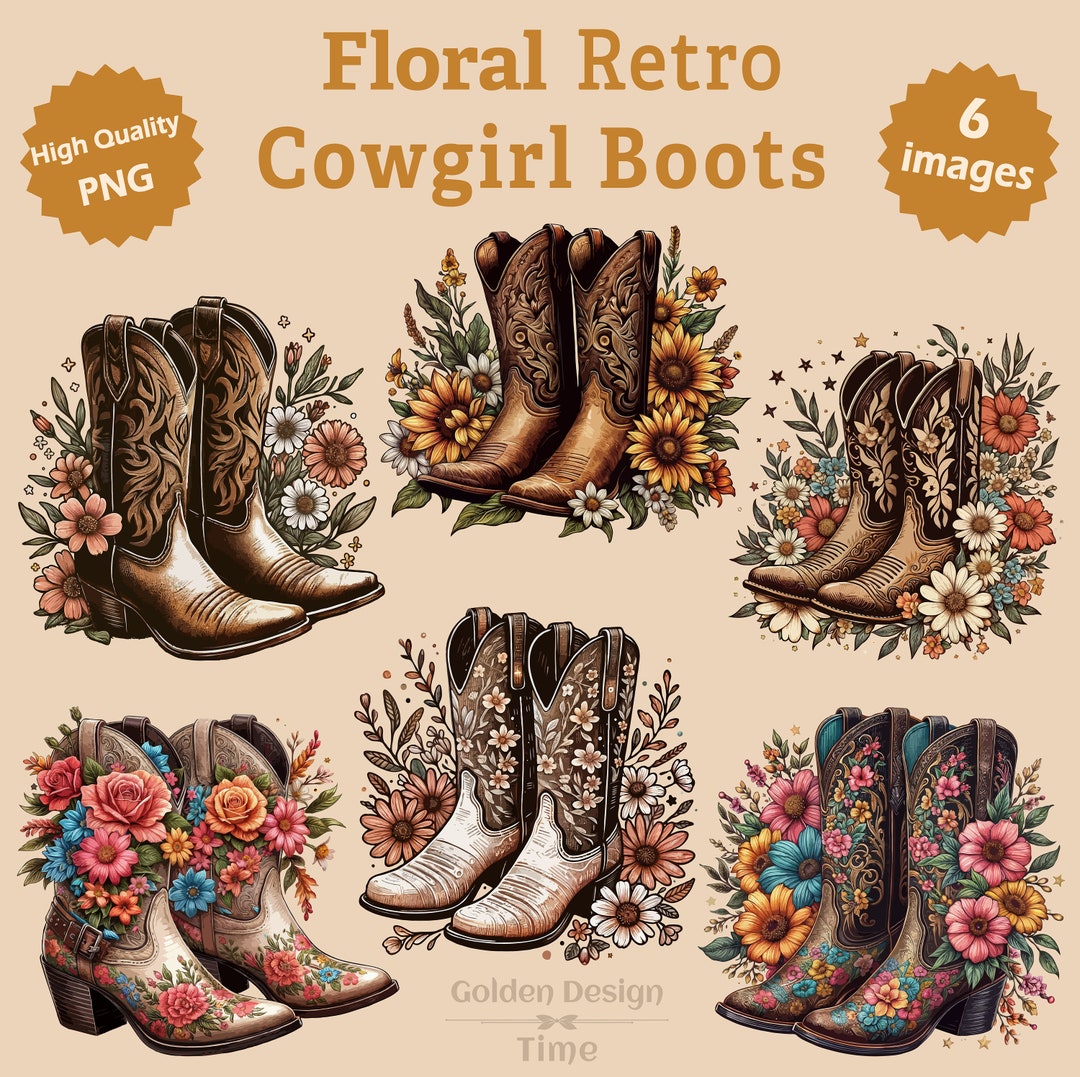 Retro Floral Cowgirl Boots Clipart, Cowboy Boot Flowers Png