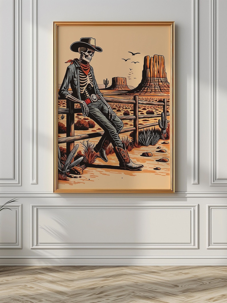 Retro Skeleton Cowboy Art, Western Wall Art, Western Skull Cowboy Hat ...