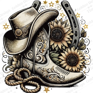 May include: A vintage-style illustration of a cowboy boot, a cowboy hat, a horseshoe, and sunflowers. The boot and hat are decorated with intricate floral designs. The horseshoe is silver and the sunflowers are yellow with brown centers.