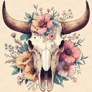 Boho Floral Bull skull PNG, Boho Cow Skull, Floral cow skull western PNG, Bohemian Floral cow skull, Wild west PNG, Boho Cowgirl clipart png