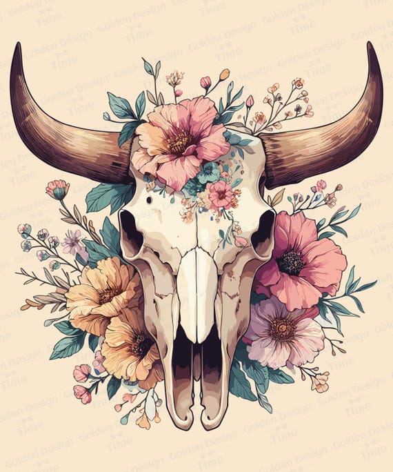 Boho Floral Bull skull PNG, Boho Cow Skull, Floral cow skull western PNG, Bohemian Floral cow skull, Wild west PNG Boho Cowgirl clipart png