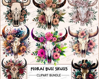 Boho Floral Bull skull Clipart Bundle, Rustic Bull Skull PNG Clipart Set, Floral cow skull western Sublimation, Cowgirl clipart png Digital