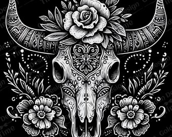 Boho Floral Bull skull SVG PNG clipart, White Boho Cow Skull, White cow western SVG, Western Sublimation Wild west Png Skull Cowgirl clipart