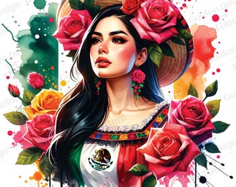 May include: A digital painting of a woman with long black hair wearing a traditional Mexican sombrero and a colorful dress. She is surrounded by red, pink, and yellow roses. The background is a watercolor wash of green, blue, and yellow.