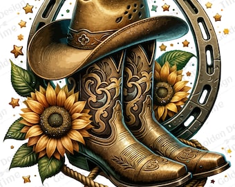 May include: A pair of brown cowboy boots with intricate designs, a brown cowboy hat, a horseshoe, and a sunflower with green leaves. The background is white with scattered gold stars.