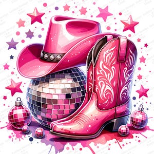 Op de afbeelding: Roze cowboyhoed, laarzen en discobal met roze kerstballen op een witte achtergrond met roze en paarse waterverf spatten.