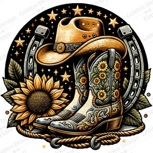 May include: A pair of cowboy boots with a sunflower design, a cowboy hat, and two horseshoes on a black background with gold stars.