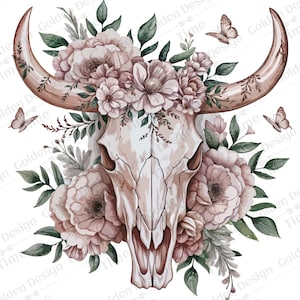 Boho floral taureau crâne PNG, tête de mort de vache Boho, crâne de vache floral Western PNG, crâne de vache floral Boho, Far west PNG, Boho Cowgirl clipart png