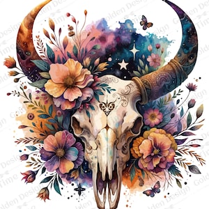 Boho Floral Bull skull PNG, Watercolor Boho Cow Skull, Floral cow skull western PNG, Colorful Southwestern, Wild west PNG, Cowgirl clipart