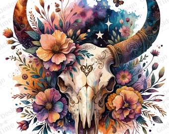 Boho Floral Bull crâne PNG, aquarelle Boho vache tête de mort, crâne de vache floral western PNG, sud-ouest coloré, clipart cow-girl far west PNG