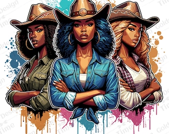 May include: Three women wearing cowboy hats and denim shirts with their arms crossed. The women have dark skin and different hairstyles. The background is a colorful abstract design with splashes of blue, green, orange, and pink.