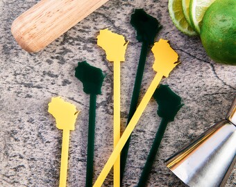 Green Bay Packers Green & Gold Wisconsin-Shaped Cocktail Swizzle Stirring Sticks, Set of 6