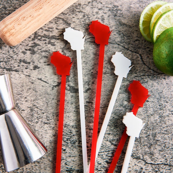 University of Wisconsin Red & White Cocktail Swizzle Stirring Sticks, Set of 6