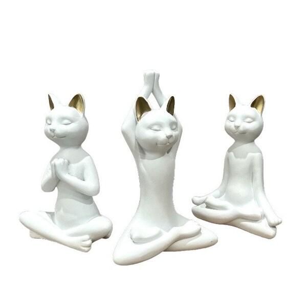 Yoga Cat Figure Resin 9" Tall Thinker Cat / Cat Lovers Gift Home Decor Minimalist Cat Decor Modern Cat White and Gold - 3 Different styles