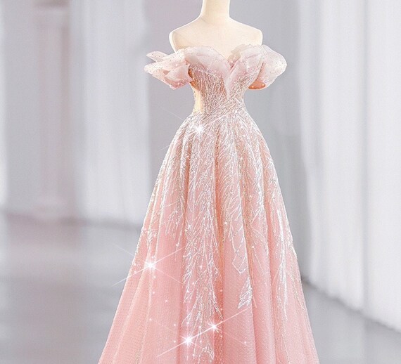 Pink Sparkly Sequin Prom Dress With Appliques, Beads & Ruffles