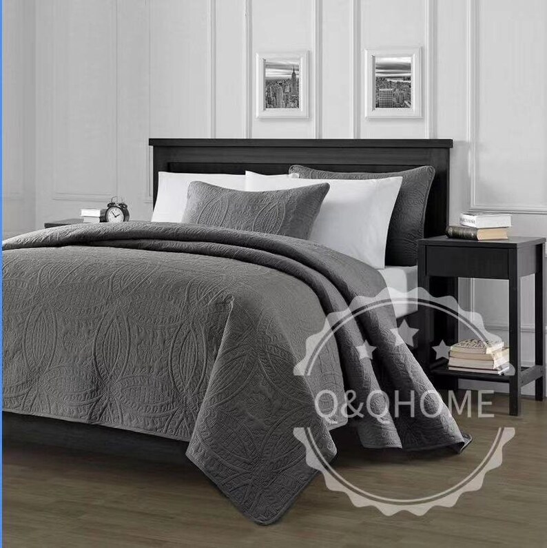QQ HOME 3 Piece Charcoal Grey Quilt Set Lightweight Etsy