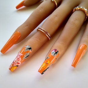 Instant Luxury Acrylic Press On Nails- Spring Nails | Orange Floral Nails | Fake Nails | False Nails | Glue On Nails