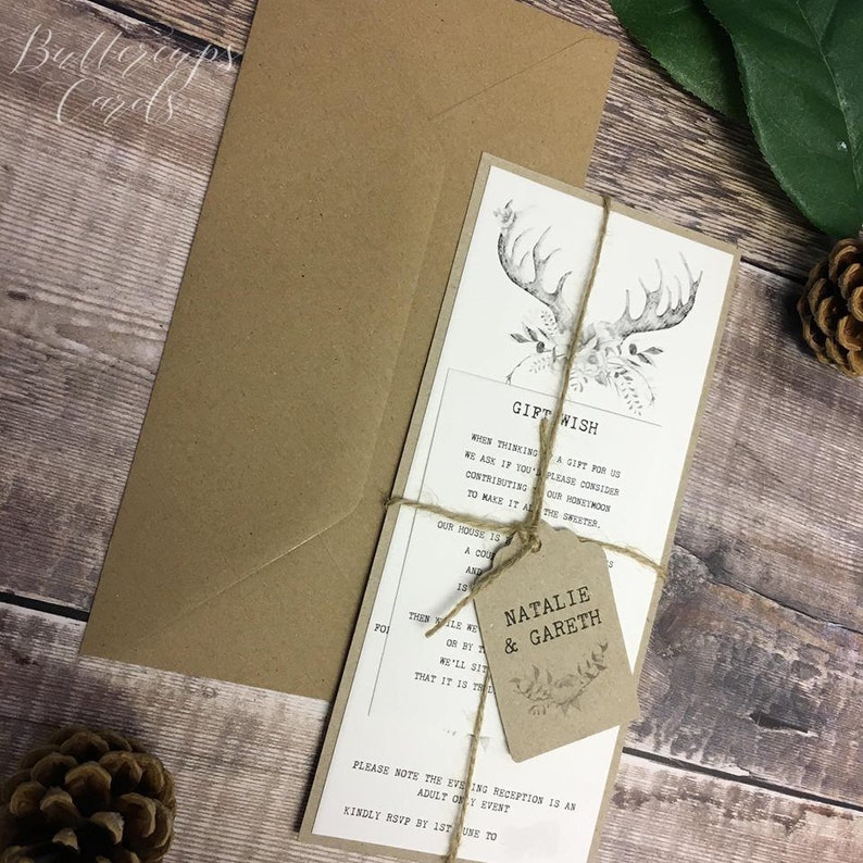 Rustic boho floral antler wedding invitation package Etsy