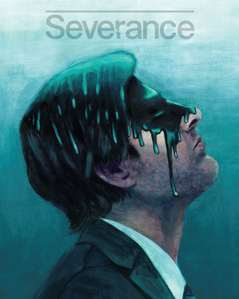 May include: A man in a suit with a dark blue background. His head is covered in a dark green substance that is dripping down his face. The word "Severance" is written in white at the top of the image.