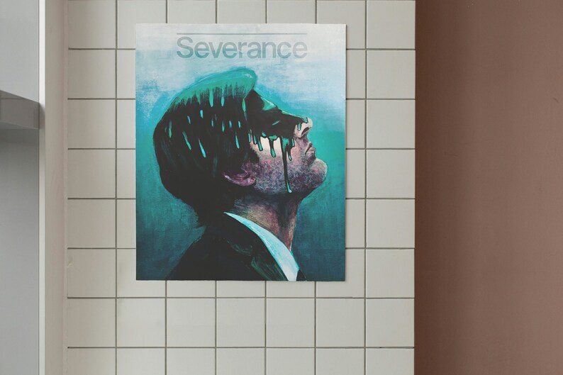 May include: A poster with the word "Severance" in white text on a blue background. A man's face is shown in profile, with black hair and a black suit. Green liquid is dripping down his face.