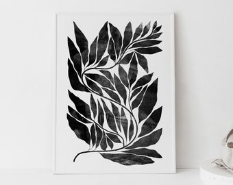 Black and White Abstract Plant Line Art, Boho Home Decor, Mid-Century Modern Printable Wall Art, Minimal Abstract Drawing, Affordable Art