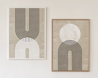 Set of 2 Minimalist Geometric Black, White and Beige Arch Line Wall Art, Mid-century Modern Printable Art, Boho Home Decor, Affordable Art