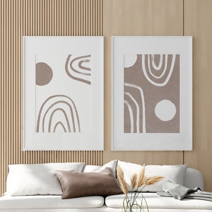 Set of 2 Boho White Brown Circle Line Art, Modern Minimal Abstract Painting, Printable Wall Art, Geometric Digital Print, Home Decor