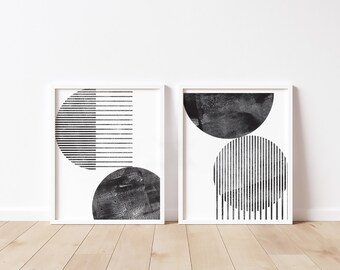 Set of 3 Black and White Geometric Wall Art Mid-century - Etsy