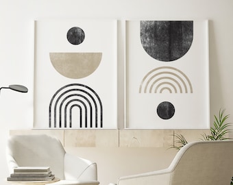 Set of 2 Abstract Geometric Shapes Print, Minimal Wall Art, Printable Wall Art, Mid-Century Modern Print, Line Art, Black and White Art