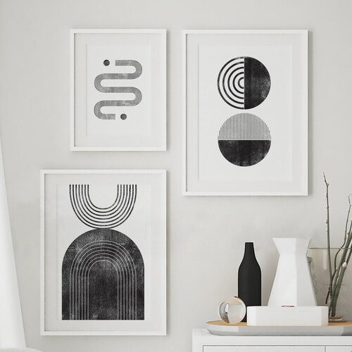 Set of 3 Black and White Geometric Wall Art Mid-century - Etsy