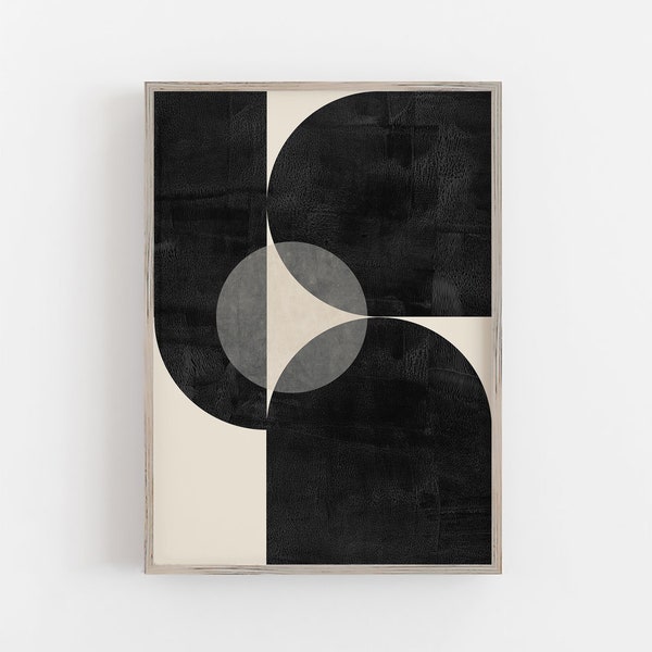 Obra de arte de forma abstracta geométrica en negro y beige, arte imprimible moderno de mediados de siglo, descarga digital, cartel minimalista, decoración del hogar Boho