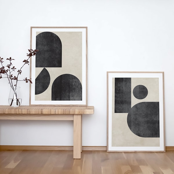 Set of 2 Geometric Black and Beige Shape Art, Printable Wall Art, Minimalist Mid-Century Modern Print, Boho Affordable Art, Digital Download