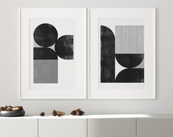 Set of 2 Modern Minimalist Black and White Circle and Line Geometric Print, Mid-Century Block Print, Boho Home Decor, Scandinavian Design