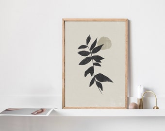 Minimalist Black Botanical Leaf Wall Art, Mid Century Modern Print, Digital Downloadable Art, Tropical Beige Print, Boho Home Decor