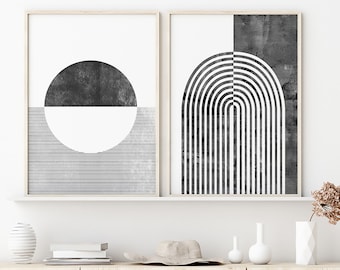 Set of 2 Geometric Print, Modern Wall Art, Printable Wall Art, Minimalist Art, Mid-Century Modern Print, Line Art, Black and White Art