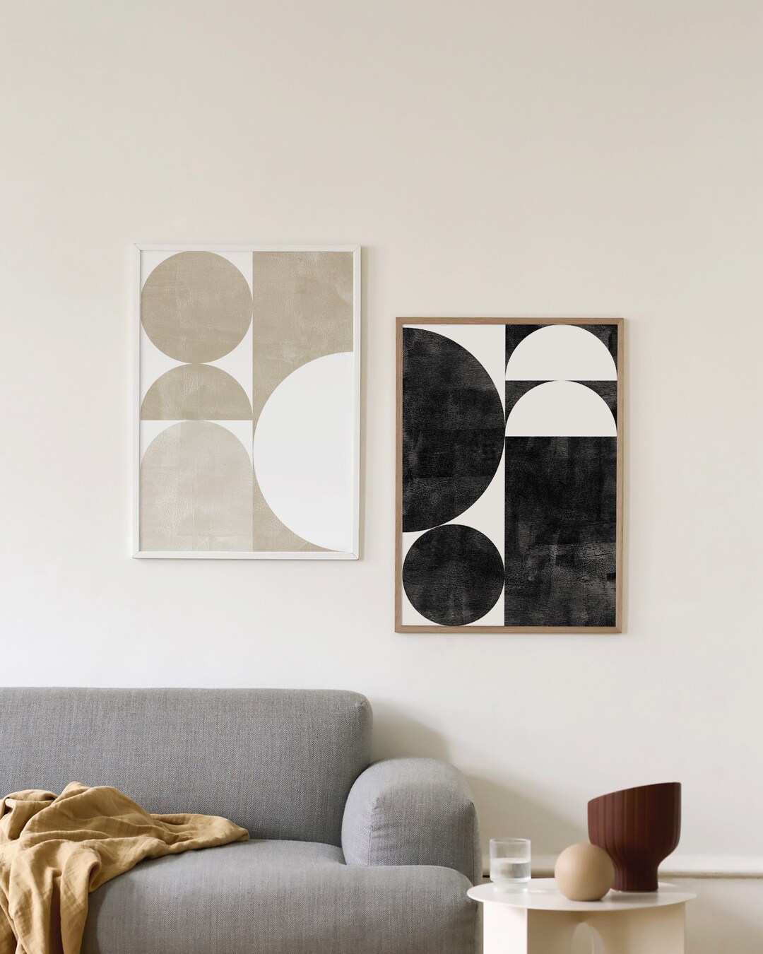 Set of 2 Geometric Black and Beige Shapes Print, Minimal Wall Art ...