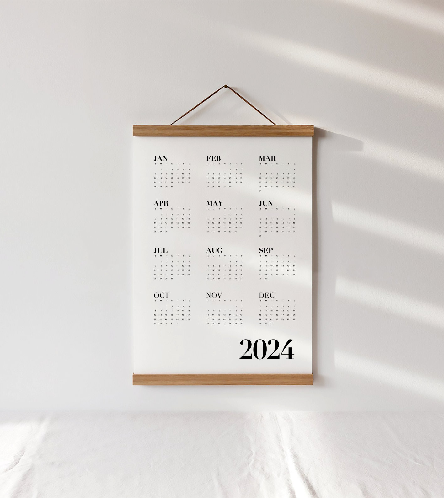 2025 Black and White Wall Calendar, Year at a Glance, One Page Modern