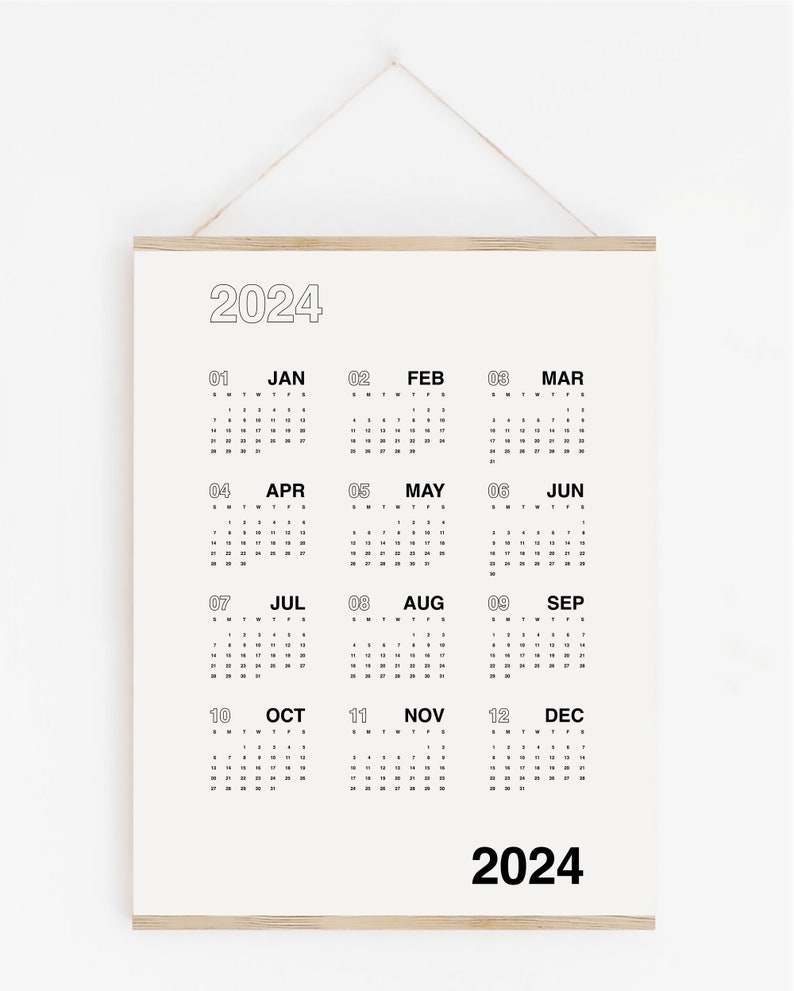 2024 Year at a Glance, One Page Modern Wall Calendar, 12 Month